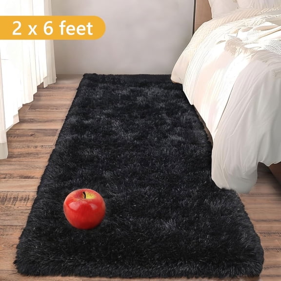 Tripumer 1 Pc Shaggy Furry Runner Rug 2 x 6 feet Soft Bedside Carpet for Dorm Living Room Hallways Black