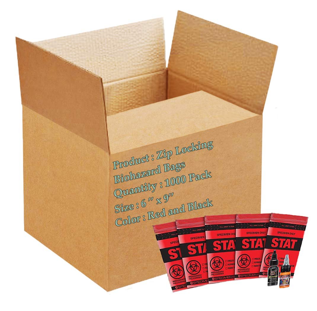 Pack of 1000 STAT Specimen Bags 3 Wall, Red and Black 6 x 9. Zip