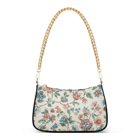 Womens Chain Shoulder Bag Flowers Floral Blue Classic Tote Handbags Fashion Clutch Hobo Purse with Zipper for Travel Casual