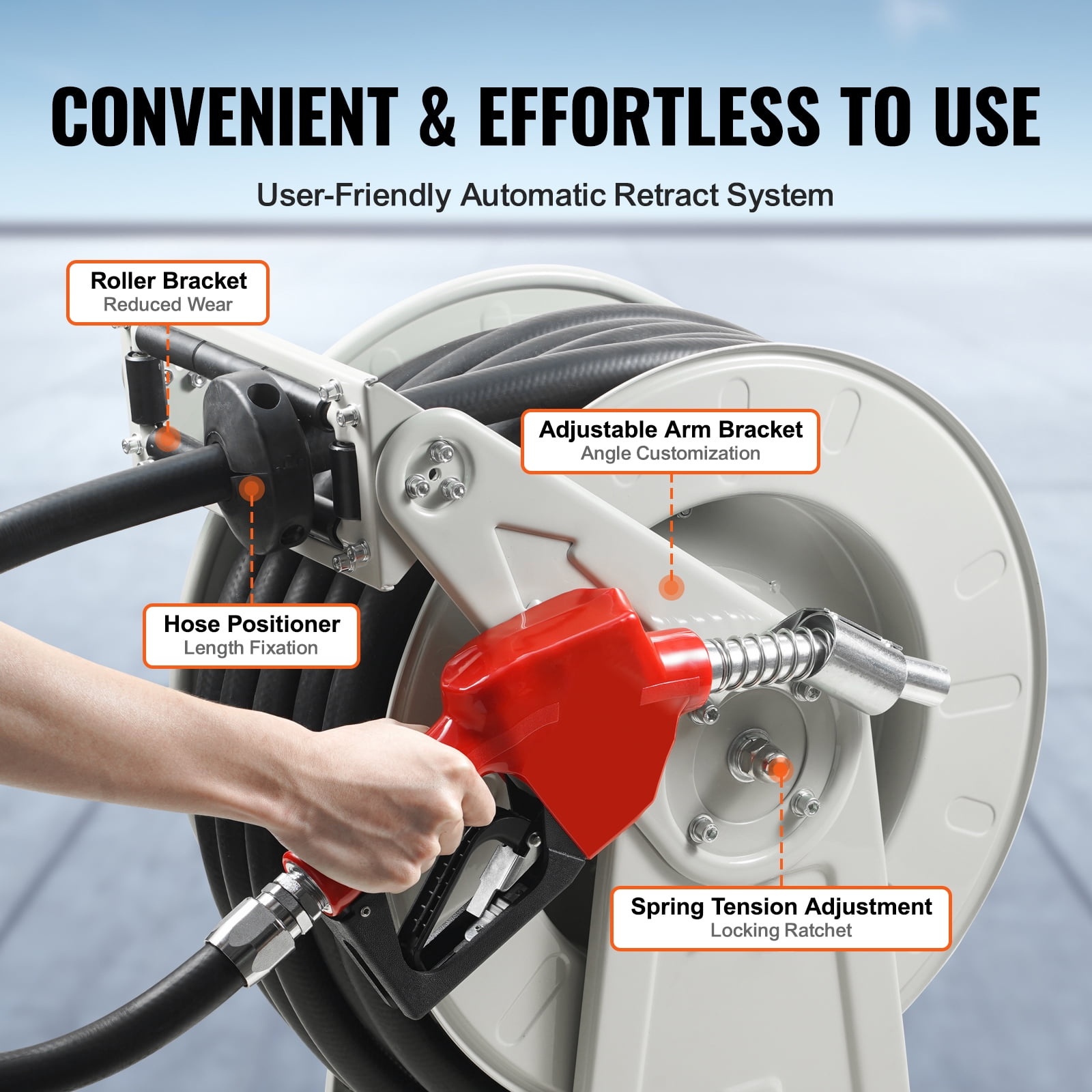 VEVOR Fuel Hose Reel Retractable Diesel Hose Reel 1" x 50' Auto Refueling Nozzle