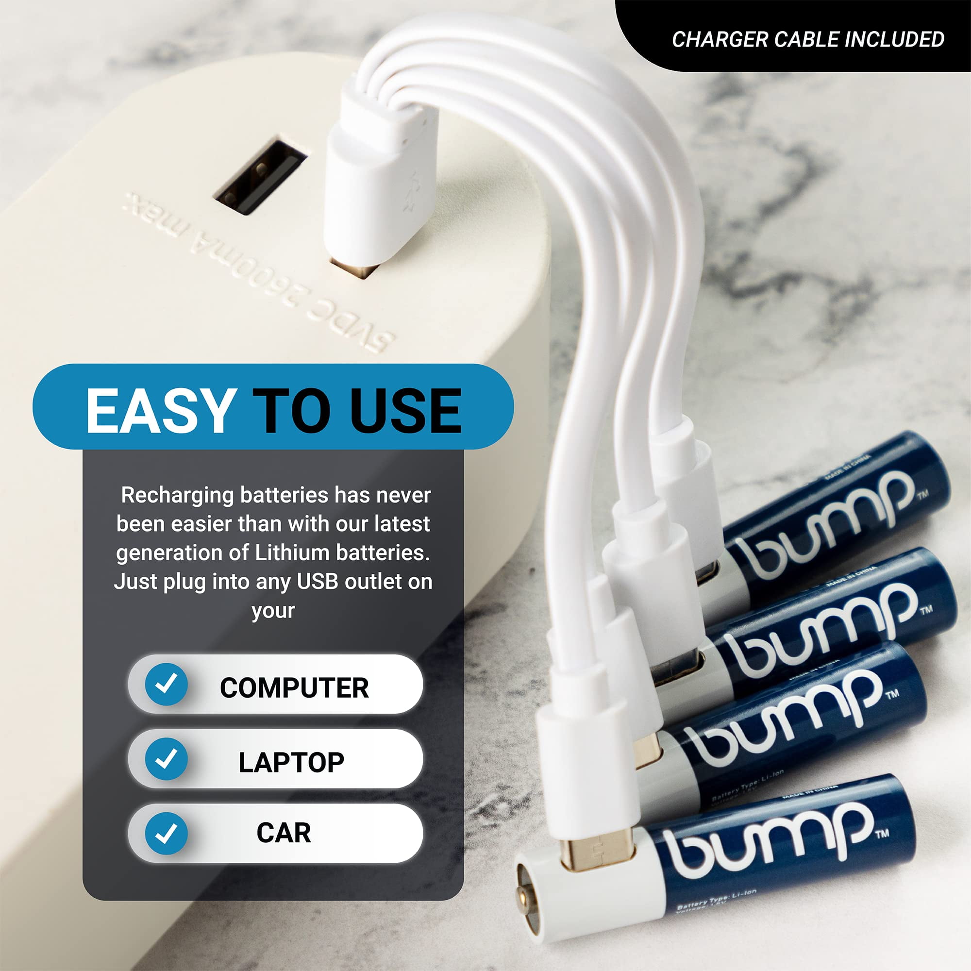Bump 4 Pack AAA Batteries Type-C USB 750mWh 1.5V Lithium High Capacity AAA Rechargeable Batteries