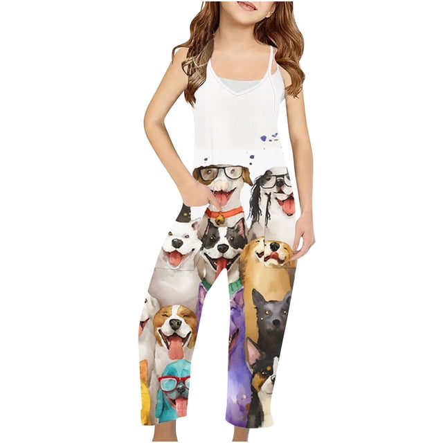 Odeerbi 5-14 Años Niñas de Verano Mono Perro Impresión Camisola Romper Monos Casuales Bib Pantalones Generales Con Bolsillos