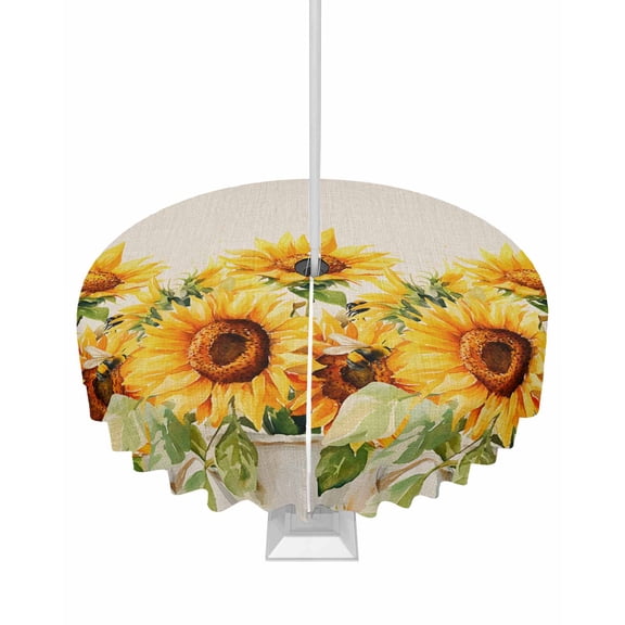 Fsddascl Sunflower Outdoor Tablecloth - 60 Inch Round Dining Table Cover, Summer Yellow Floral Wildflower Watercolor Waterproof Outdoor Table Cloth with Umbrella Hole & Zipper for Picnic/Patio/Party