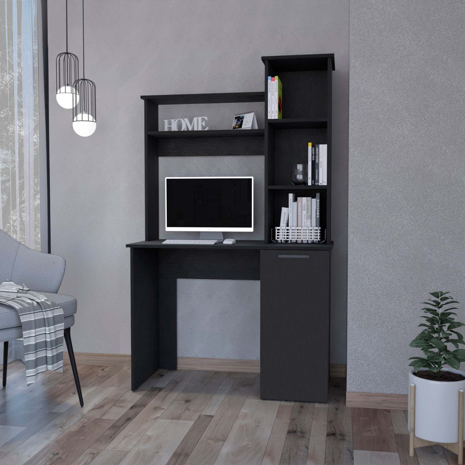Asteroutdoor Wenge 3-Tier Storage Shelves Computer Desk with Hutch and Cabinet