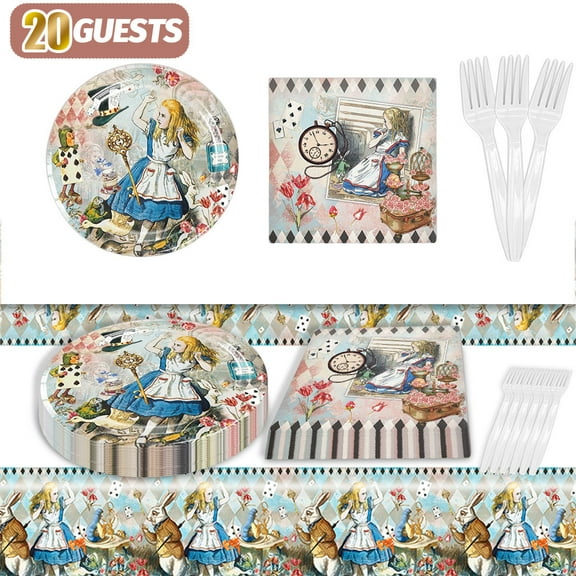 Qwaerplpn Alice in Wonderland Party Supply Set with Tablecloth, Plates, Napkins, Forks, 20 Pack