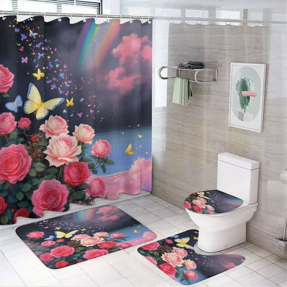 Rainbow Roses And Butterflies Shower Curtain Set Modern Bathroom Decor Mats 4pcs Fabric Bathroom Curtain Slip Floor Rug Toilet Lid