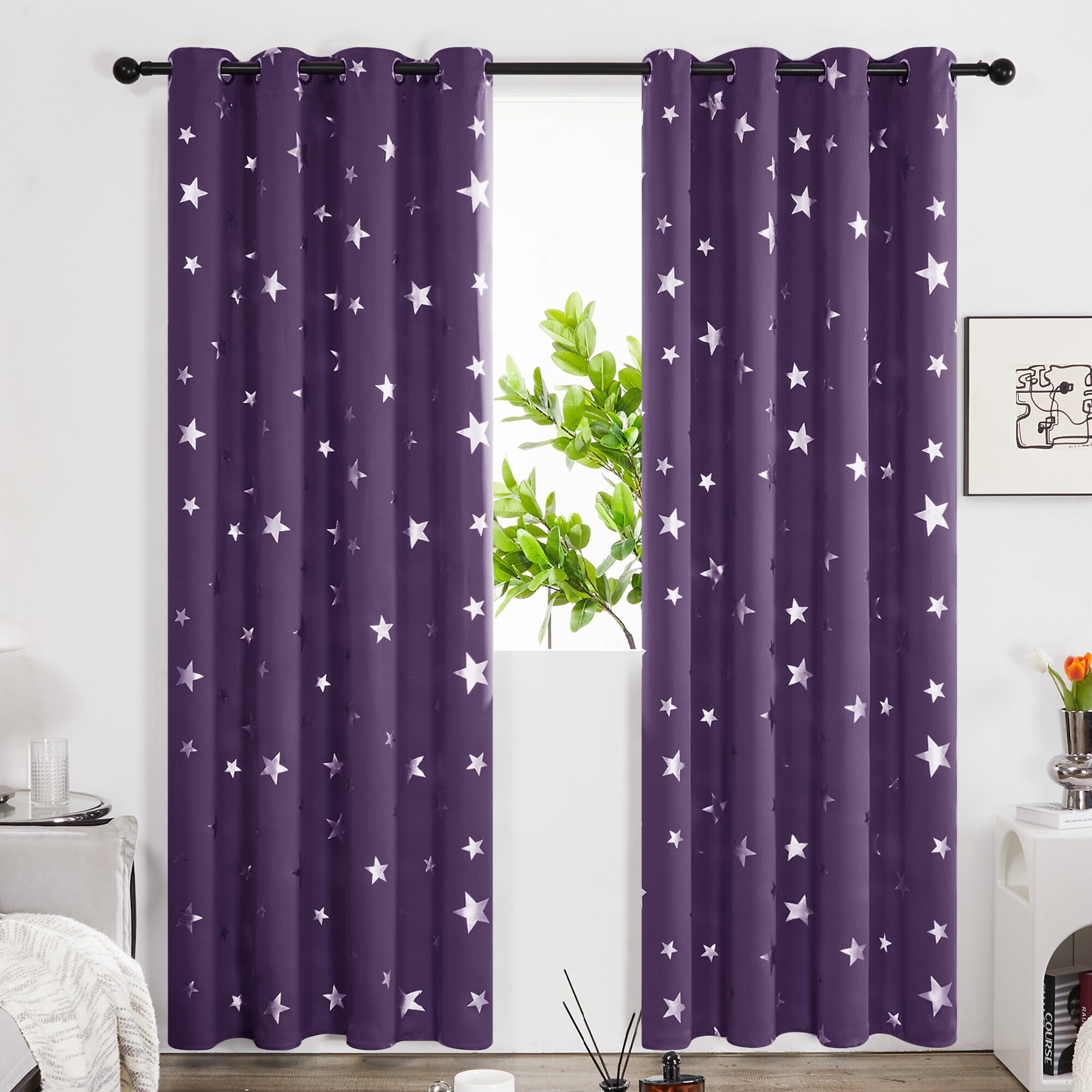 Deconovo Foil Print Star Blackout Curtains Grommet Room Darkening