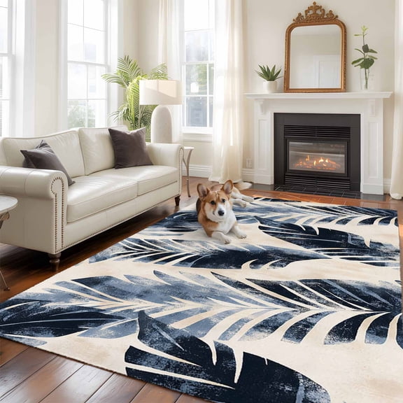6'x9' Area Rugs, Vintage Navy Blue Botanical Indoor Outdoor Area Rug for Living Room Bedroom, Retro Tropical Leaves Washable Bathroom Rugs Kitchen Floor Carpet Mats Home Decor Aesthetic