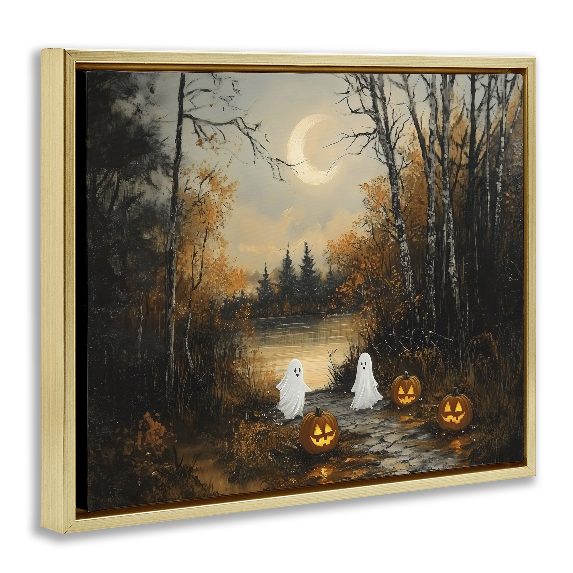 Autumn Ghosts at Lake Gold Framed Floater Canvas Wall Art, design by Arlington Prints
