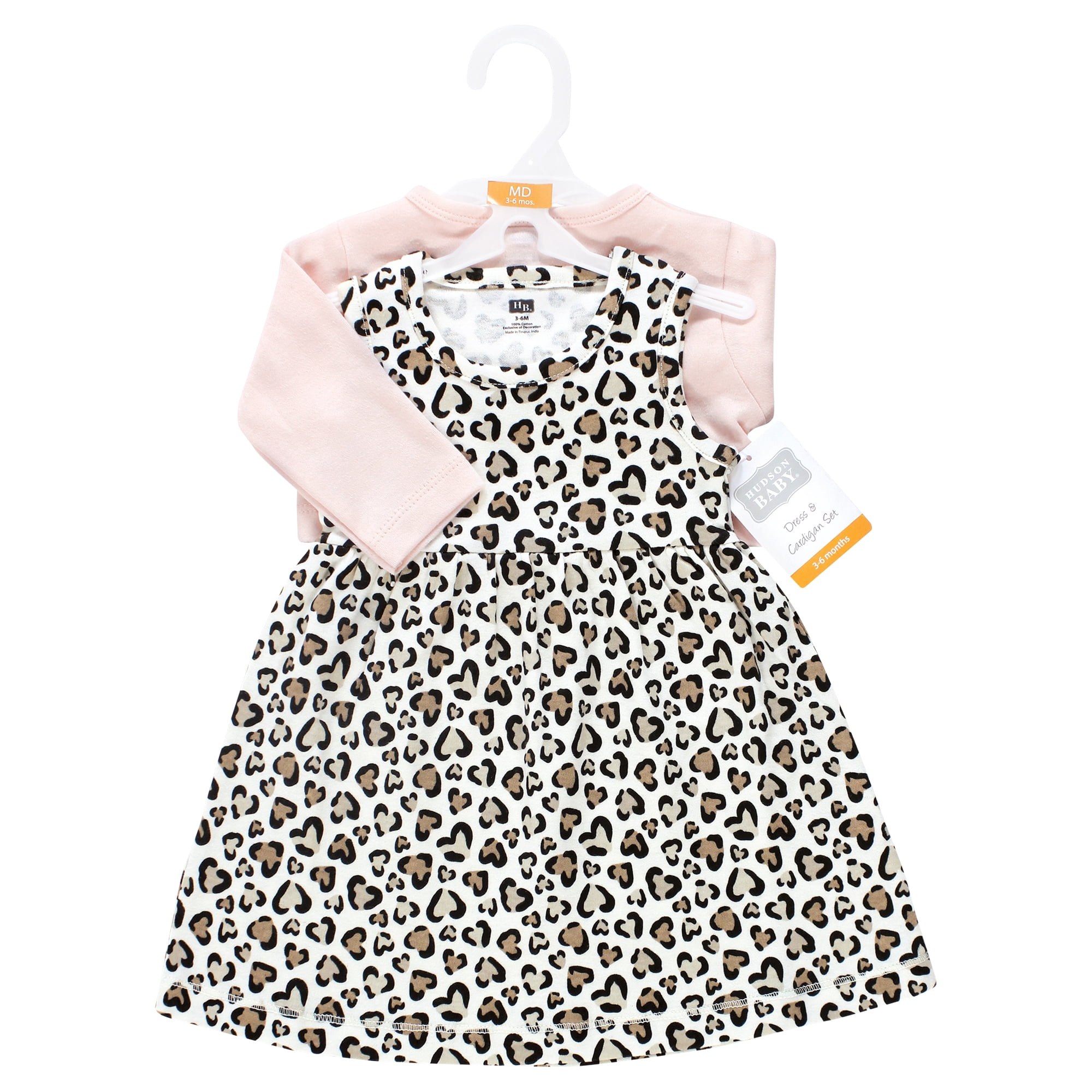 Hudson Baby Infant and Toddler Girls Cotton Dress and Cardigan Set, Leopard Hearts, 12-18 Months