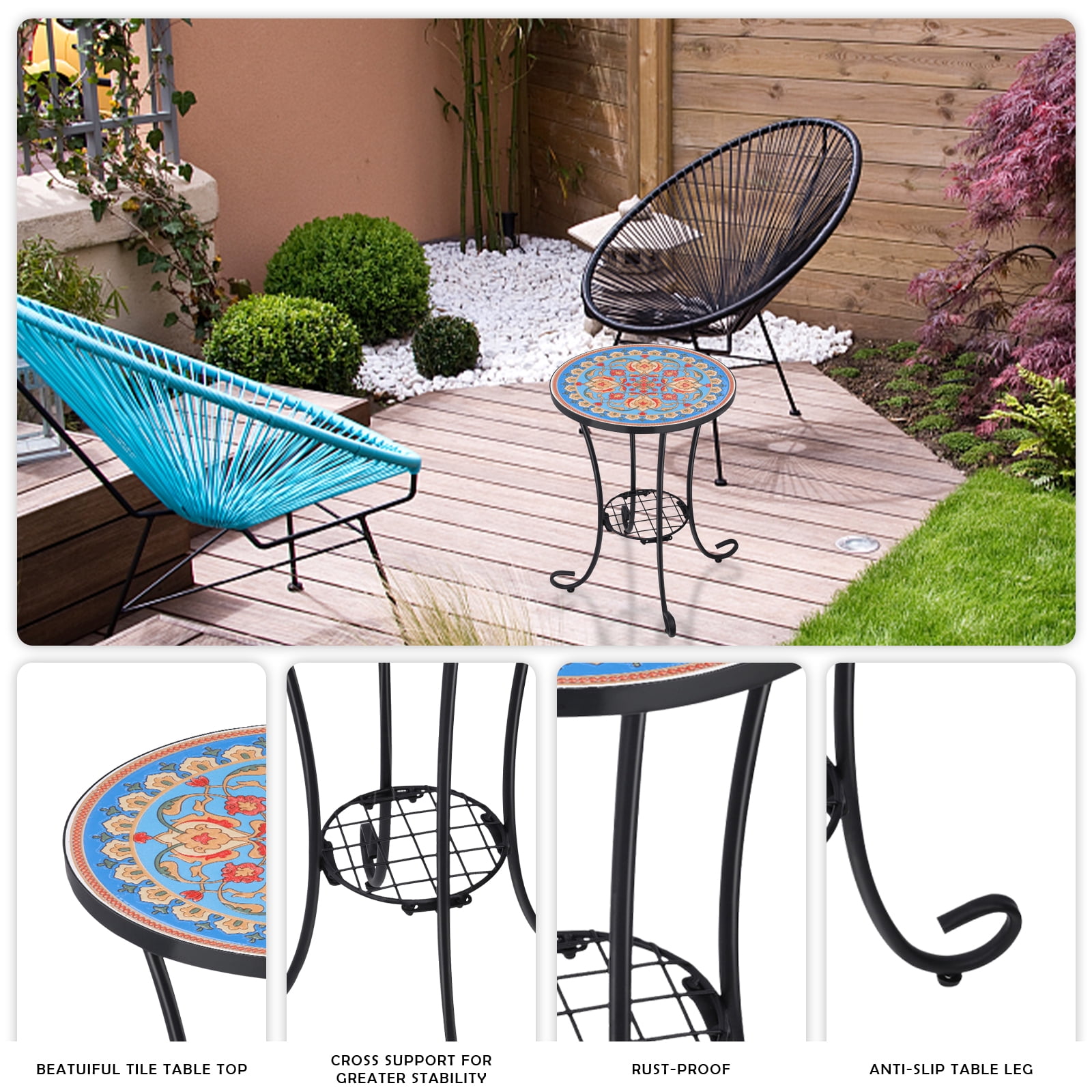 Outdoor Mosaic Side Table and Plant Stand, 21" H End Table with 14" Dia Ceramic Tile Top, Indoor and Outdoor Accent Table for Garden, Yard or Lawn
