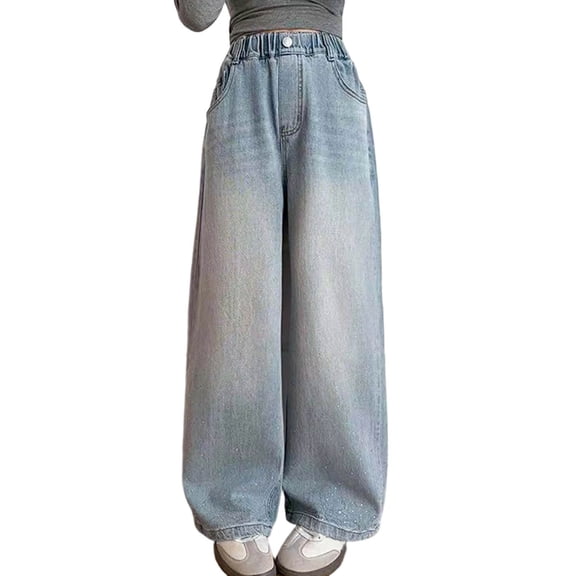 ZXLBBD Girls Elastic Waisted Wide Leg Denim Pants with Rhinestone Embroidery Trousers for Kids Youth Fall Fashion Casual Outdoor,Blue,Size 11 Y-12 Y