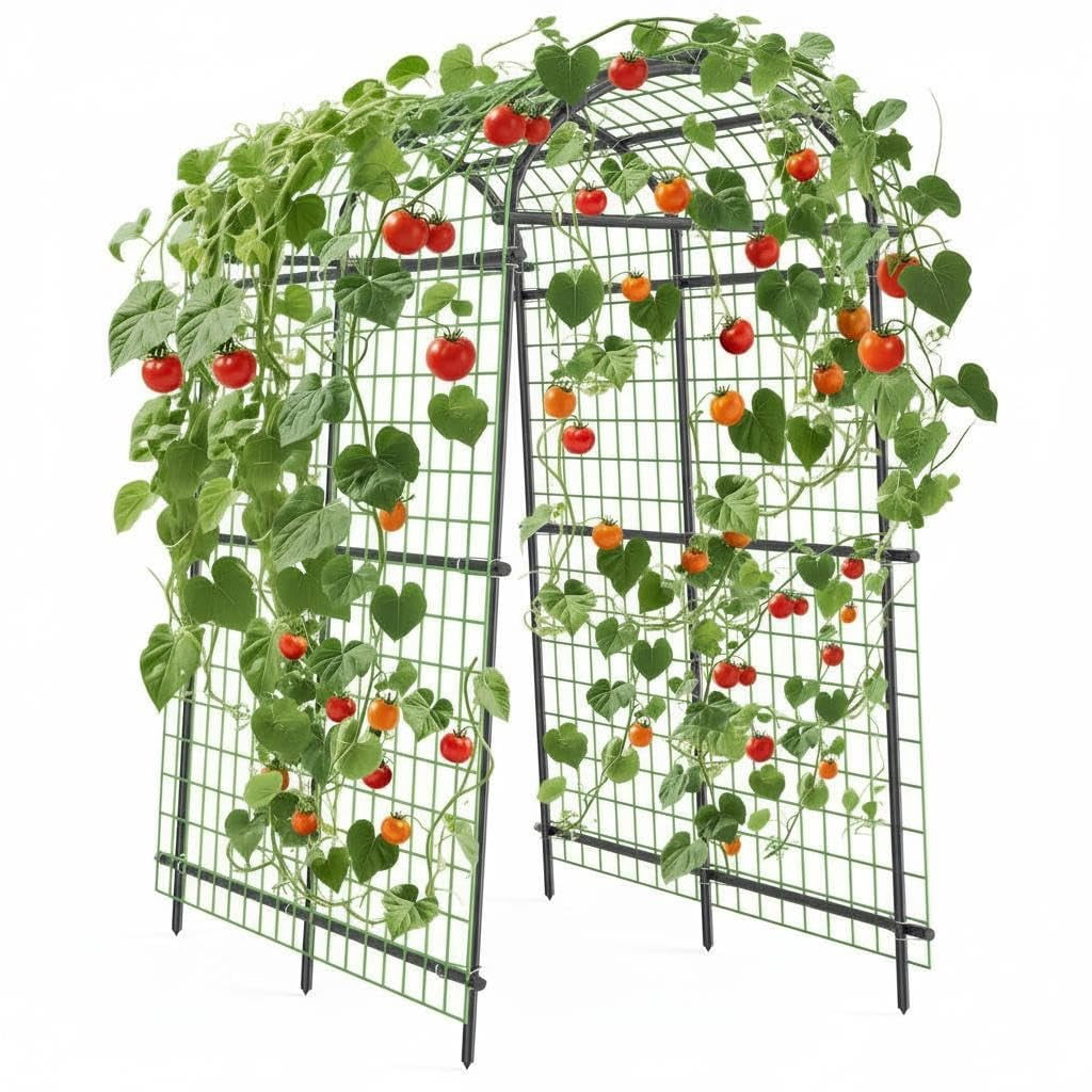Garden Arch Trellis for Climbing Plants, 7FT Tall Cucumber Trellis with Clips & Nylon Net, Archway Arbor Plant Support for Raised Bed