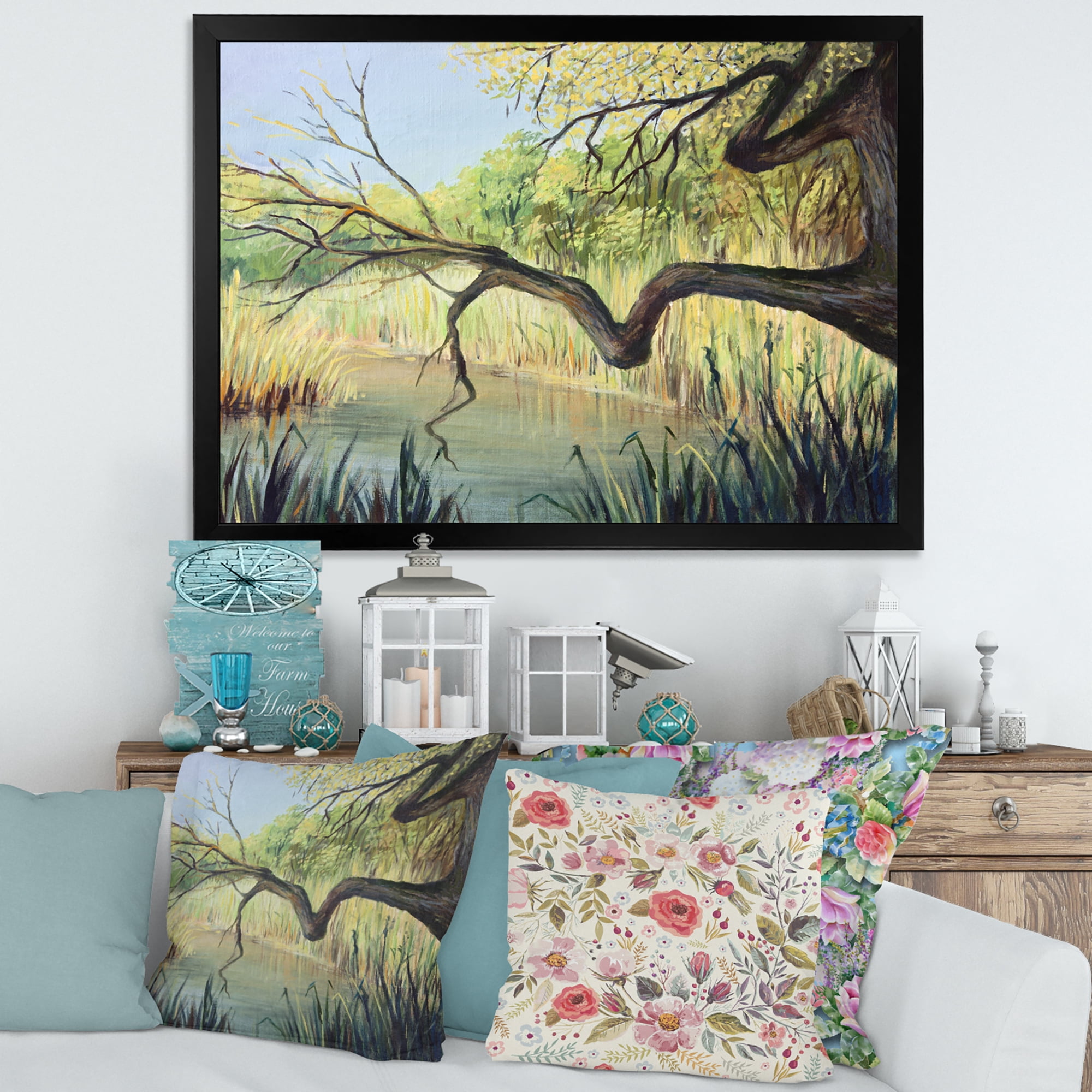 Designart 'The Lake of Silence From The Tree' Lake House Framed Art Print
