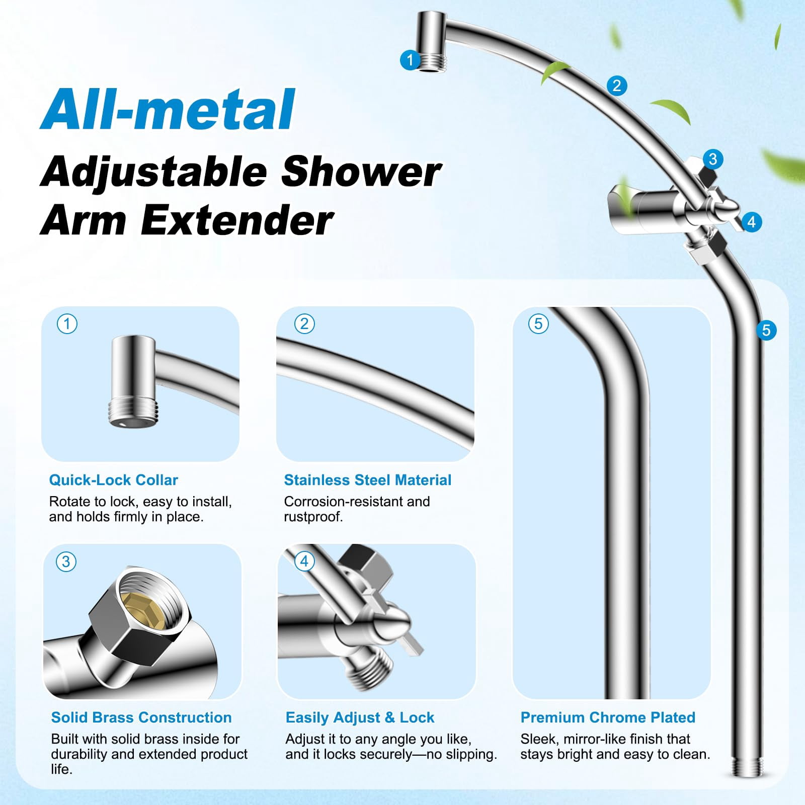 10" Rain Shower Head With Handheld  High Boosting Rainfall Showerhead All Metal Adjustable Extension Arm Easy Reach Holder 5 Spray Modes Power Wash To Install Chrome