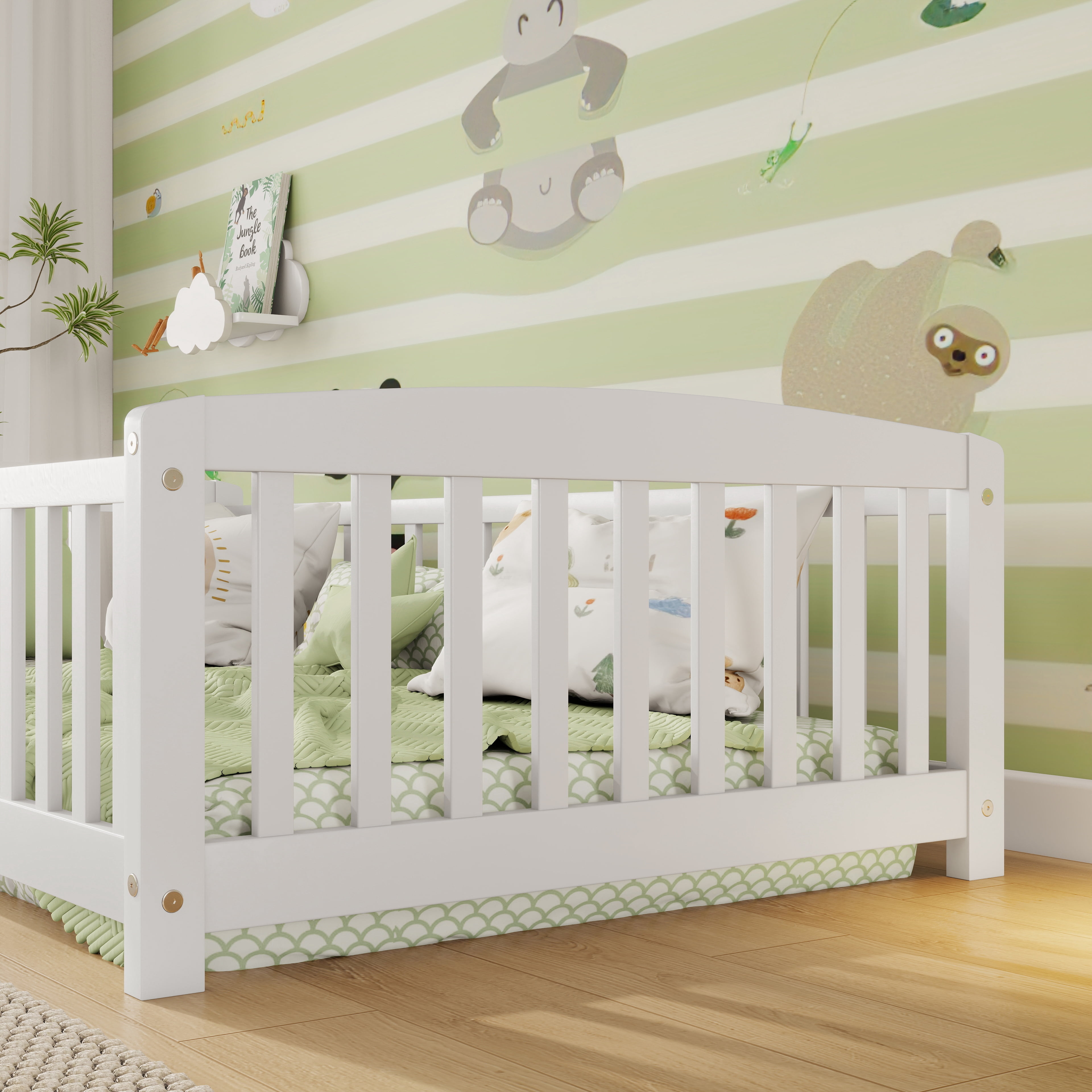Mintazer Twin Size Toddler Floor Bed with Guardrails & Central Entrance, White