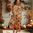 thumbnail image 4 of Halloween Pajamas Women Full Theme Printed Long Sleeve Pocket Button Down Lapel Shirts Loose Casual Pants Soft Fall Winter Nightwear Comfy Silk 2 Pc Loungewear Sets Woman Orange L, 4 of 6