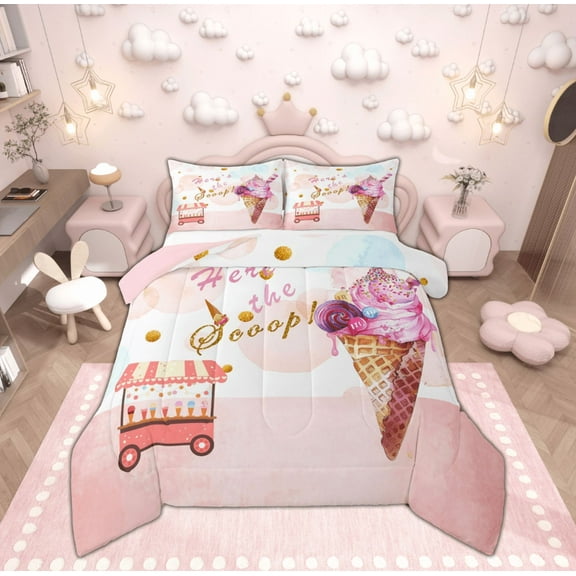 Feelyou Cartoon Pink Ice Cream Bedding Comforter Set, Watercolor Twin Comforter Sets, Teens Boys Girls Kids Reversible Bedding Set, Ultra Soft Home Decor, 2-Piece