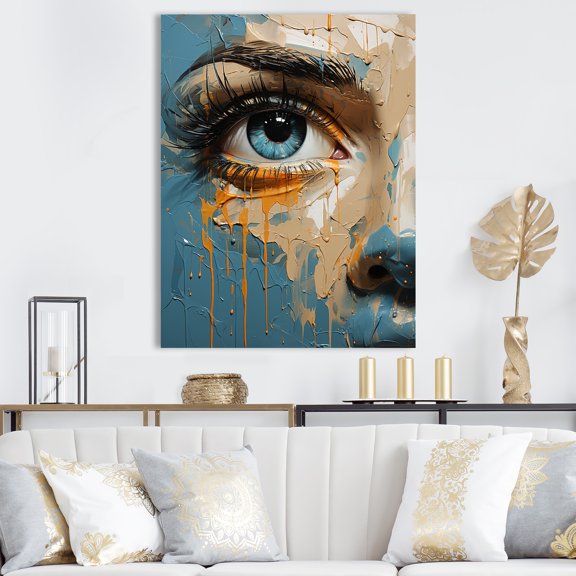 Designart "Expressionism in Yellow & Blue Woman's Eye III" Figurative Canvas Wall Art - Glam Blue Eye Entryway Wall Art