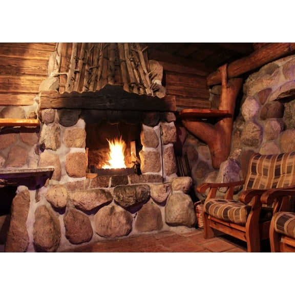 7x5ft Fabric Fireplace Backdrop, Burning Logs Winter Christmas Cabin Hearth, Holiday Party Photo Background, Christmas Celebration Decor