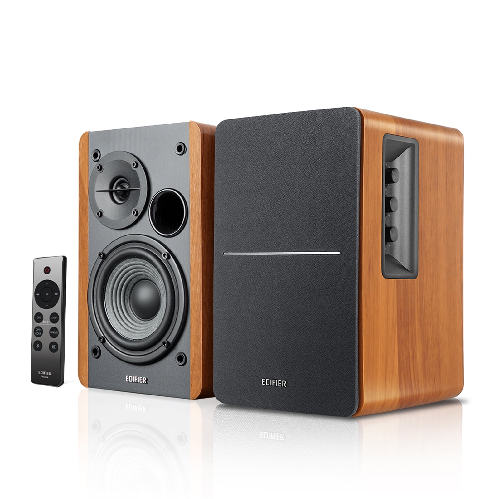 Edifier R1280DBs Active Bluetooth Bookshelf Speakers with T5 8-Inch Powered Subwoofer Bundle - 2.0 Wireless Studio Monitor Speaker Set with Optical Input – Wood Grain