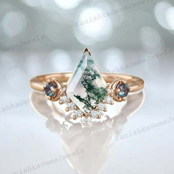 KANISHKAGEMS&JEWELS 2 Ct 9x7mm / Natural Moss Agate Proposal Ring Alexandrite Bridal Wedding Jewelry CZ Diamond Birthday Gift Ring