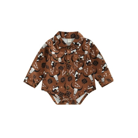 

Canrulo Western Baby Boy Button Blouse Shirt Tops Cow Cactus Horse Print Buttons Down Shirts Clothes Brown 0-6 Months