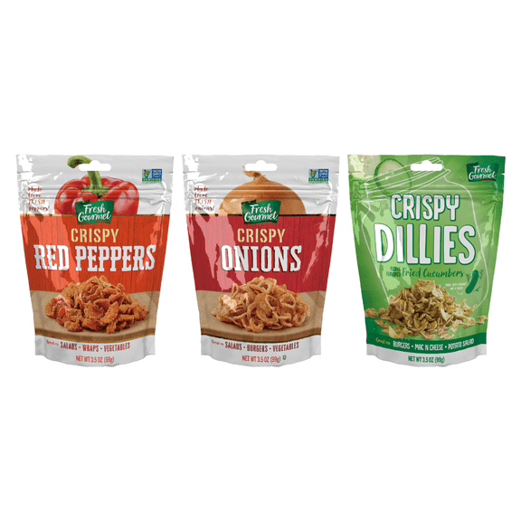 Fresh Gourmet Lightly Salted Crispy Onions, 3.5 oz, Crispy Red Peppers, 3.5 oz, Crispy Dillies, Pickle Flavored, 3.5 oz Variety Pack