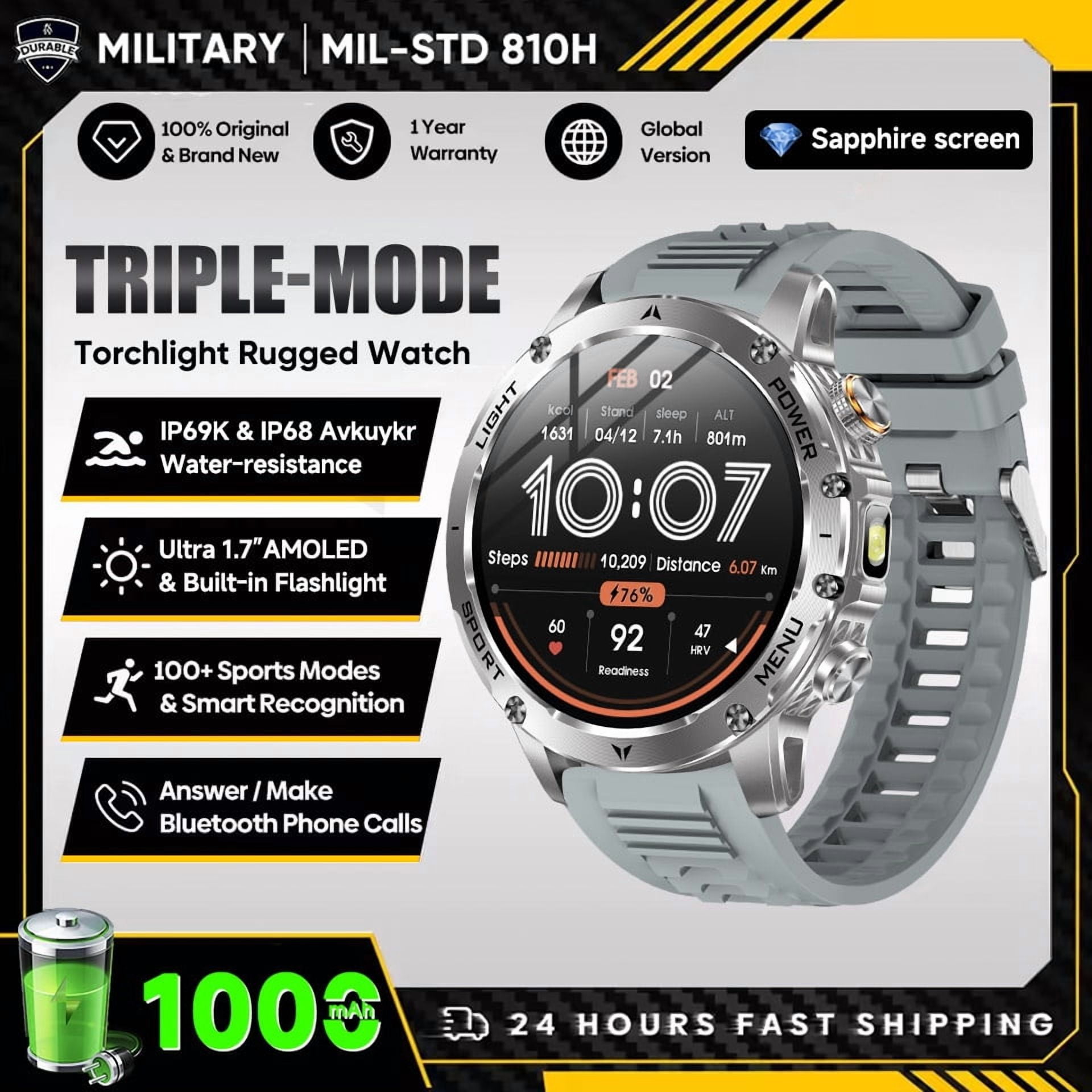 New Military T-Rex 3 Ultra 1000mAh Battery Smart Watch 5ATM Waterproof Flashlight  Sports tracker Smartwatch Men