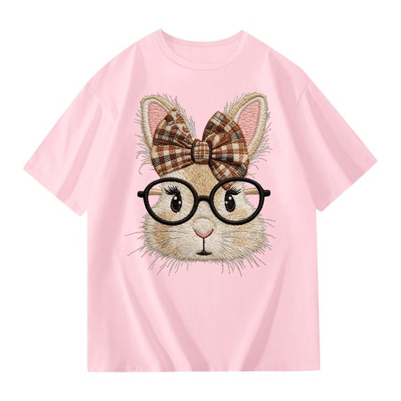 Girls Cute Cartoon Bunny Print Short Sleeve With Bow Glasses Design Casual Summer Tees Shirts Clothes