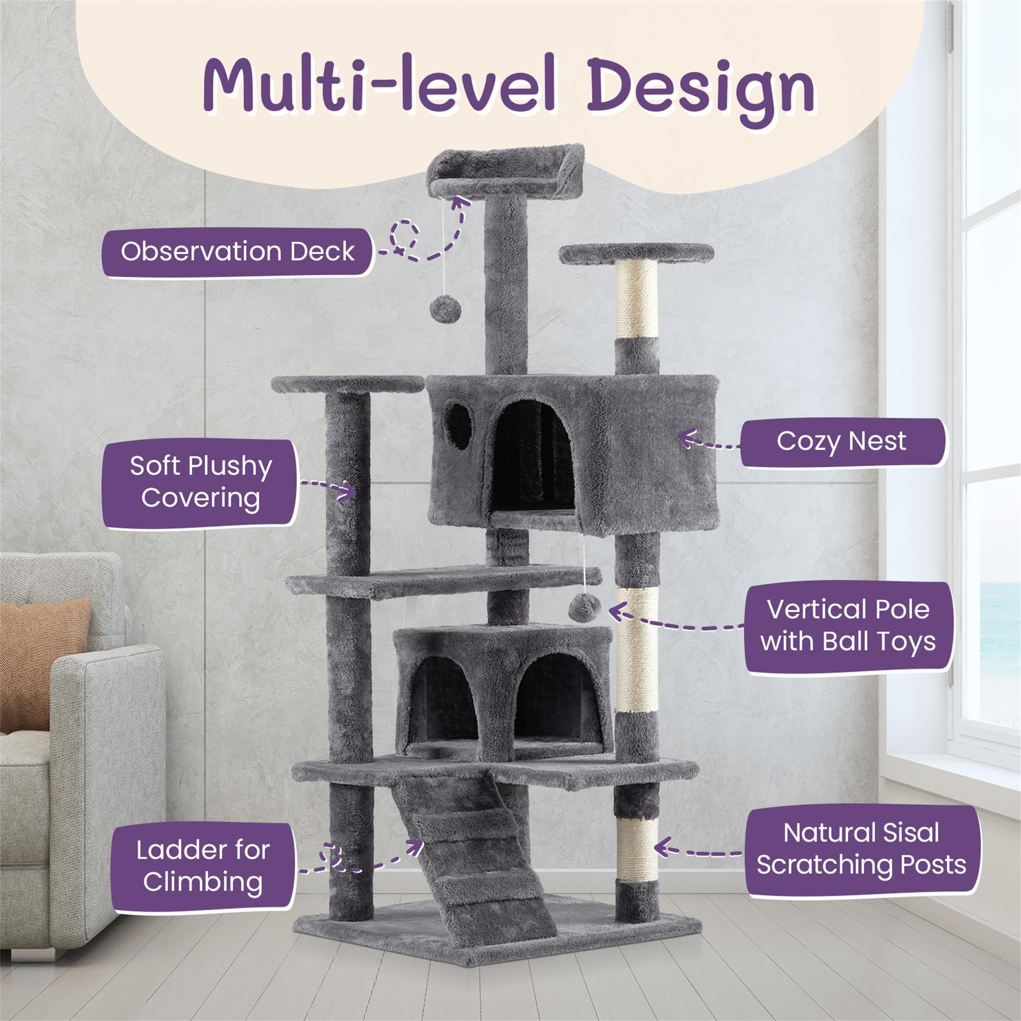 Kadyn 53" Cat Tree Tower with Scratch Post for Kittens, Cat Condo Furniture Pet House Play, Gray