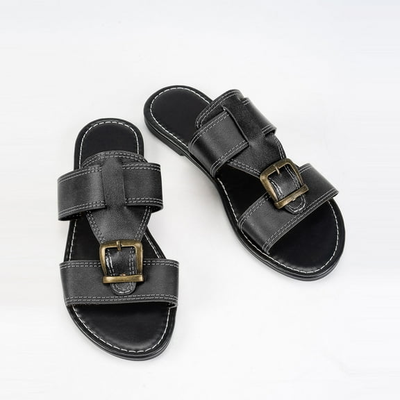 THDHVS Black Sandals Women,Sandals for Women 2025,Women's Fashion Casual Belt Buckle Spring and Summer Breathable I-Shaped Sandals Black 6