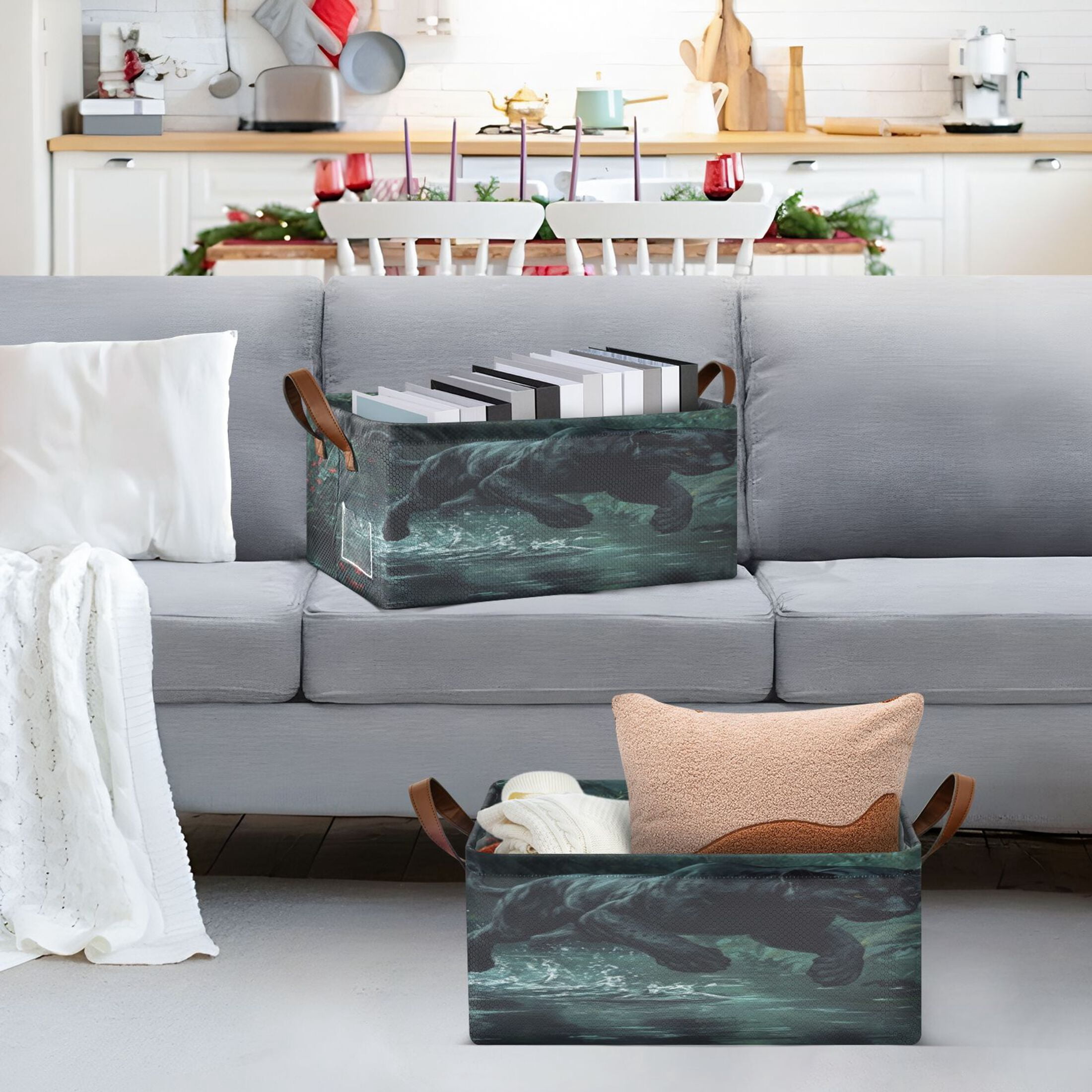 Black Panther Leaping over Water Storage Basket Soccer Plaid Fabric Hoard Box Oversized Collapsible Closet Organizer with Metal Iron Frame 16.9×11.4×7.7in