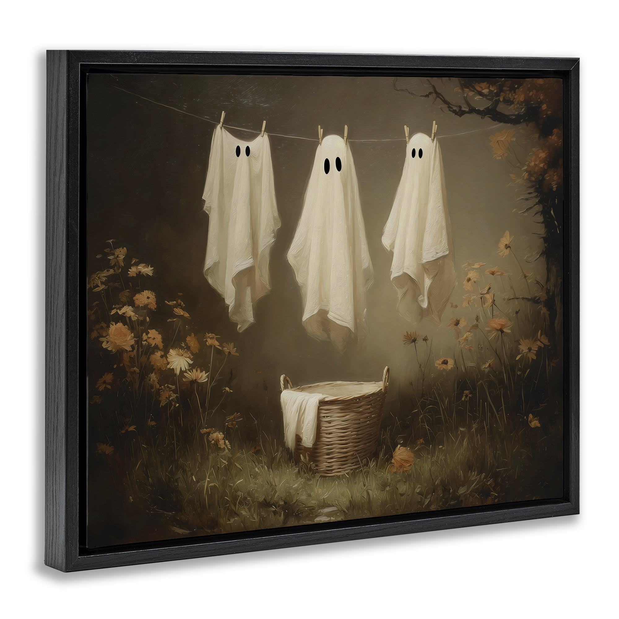 Three Laundry Ghosts Hanging Black Framed Floater Canvas Wall Art, design by Arlington Prints