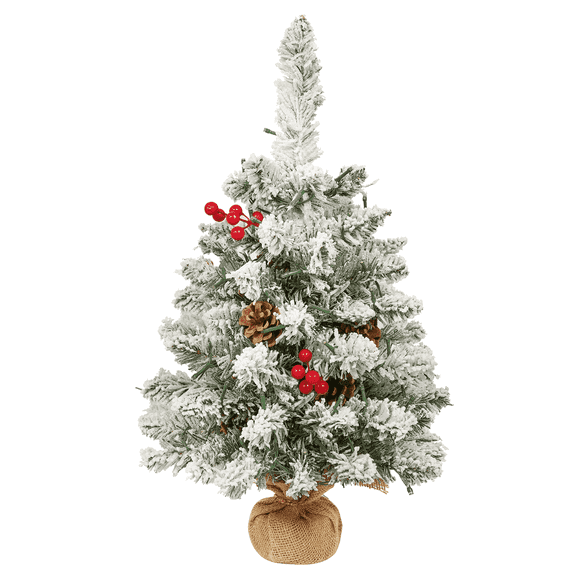 UTEN 2ft Snow Flocked Tabletop Christmas Tree, Pre-Lit Artificial White Christmas Tree with 50 Warm White Lights, 14 Pine Cones Red Berries, Sturdy base