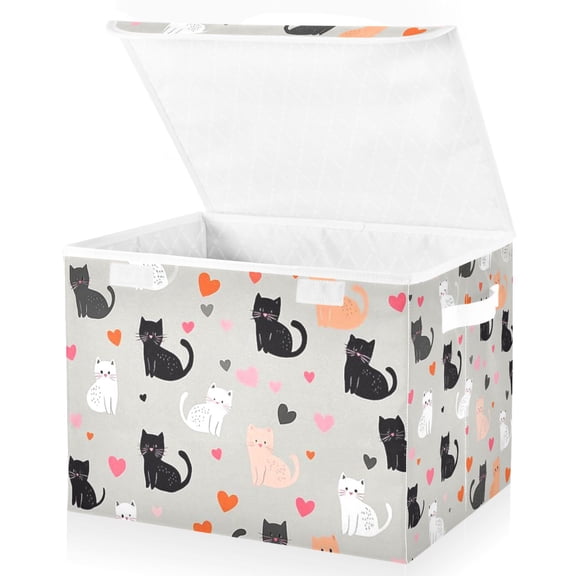 Yayeee Collapsible Cube Storage Bin with Lid Fabric Closet Decorative Basket with Handles, Gray Cartoon Pattern