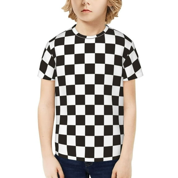 Fuzoiu Black and White Checkerboard Print Boys' Casual T-Shirt,Crewneck Undershirts,Boys Athletic Shirt,Short Sleeve T-Shirts for Outdoor Play