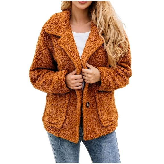Fesfesfes Plush Coat for Women Fall Winter Lapel Solid Color Long Sleeve Button Plush Jacket Tops On Sale