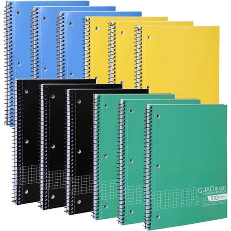 Graph Paper Spiral Notebook - Graph Paper Notebook, Quad Ruled Grid Notebooks, Perforated Pages - 10.5 X 8 Inches - 1 Subject Wirebound Notebook - Assorted Colors - 100 Sheets per Book - (12 Pack)