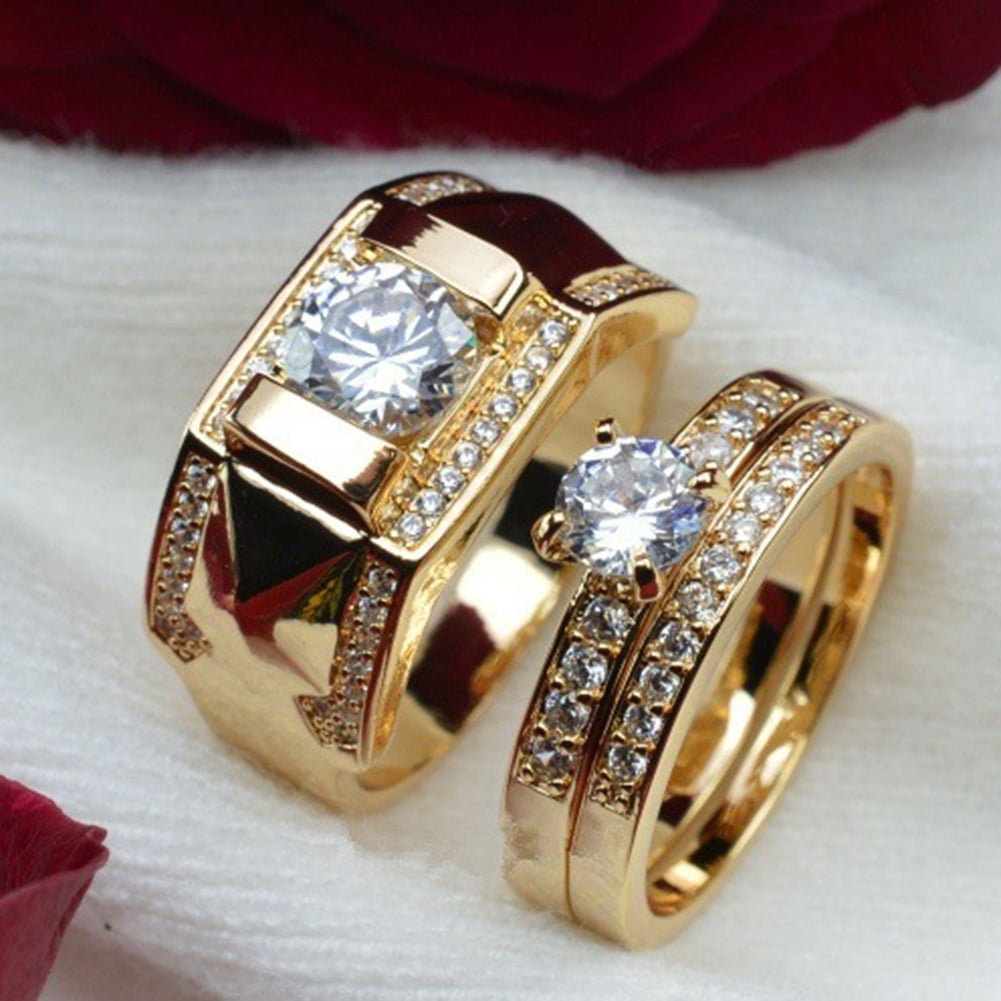 Women Men Engagement Wedding 2Pcs Ring Set 18K Gold Rhinestone Ring Jewelry Gift 
