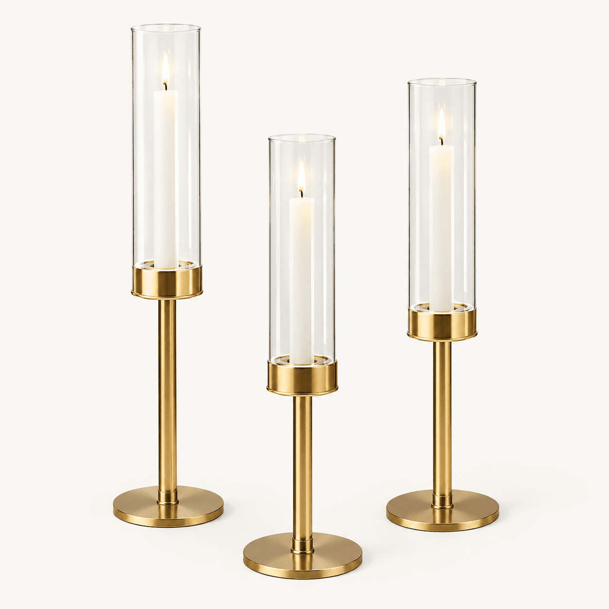 Gold Hurricane Glass Candle Holders Set of 3 Brass Taper Candlestick Holder