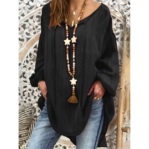 Women's Plus Size V-Neck Loose Fit Tunic Top, Long Sleeve Pullover Blouse with Side Slit for Vacation, Beach, Everyday & Casual Wear