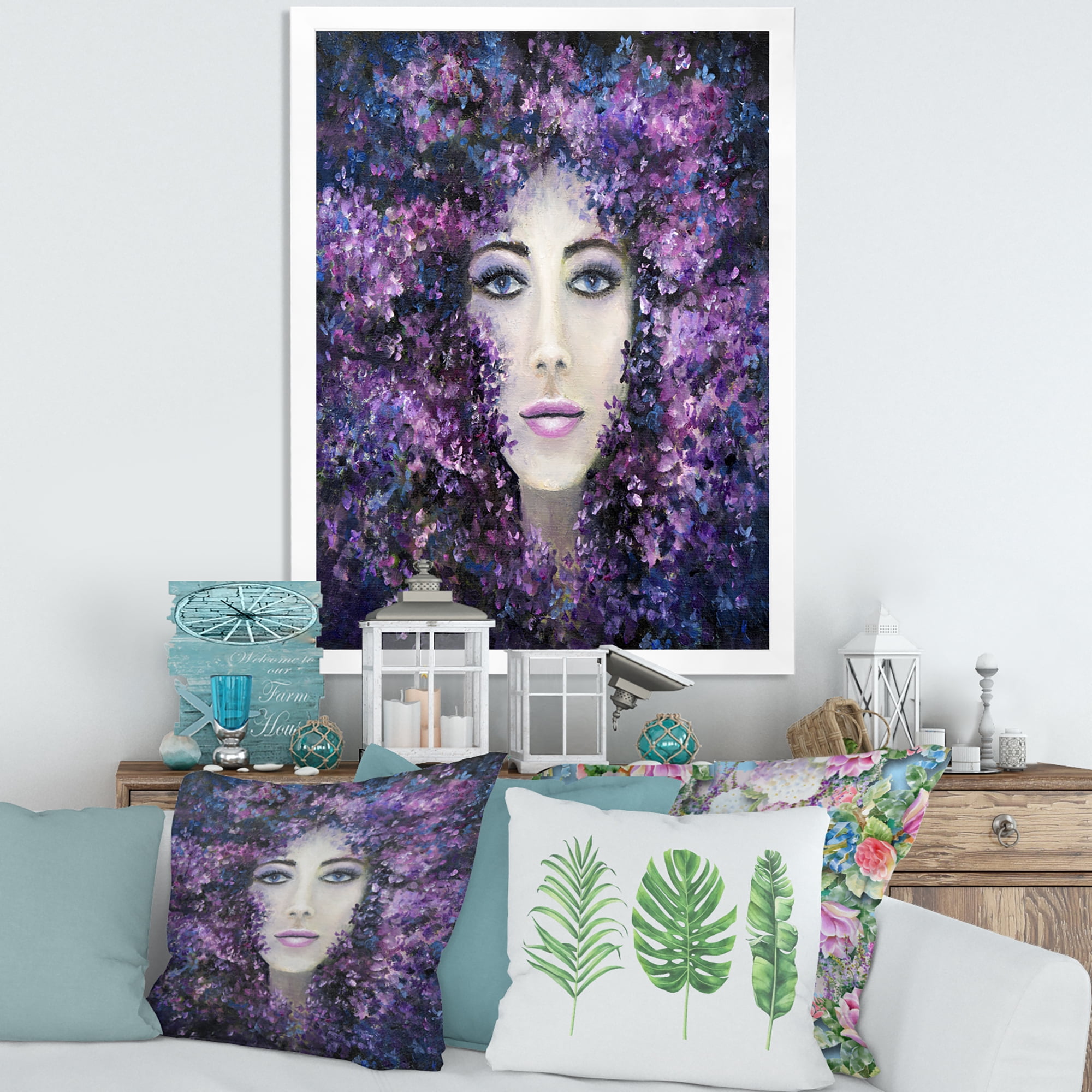 Designart 'Portrait of A Lady With Purple Lavender Flowers' Modern Framed Art Print