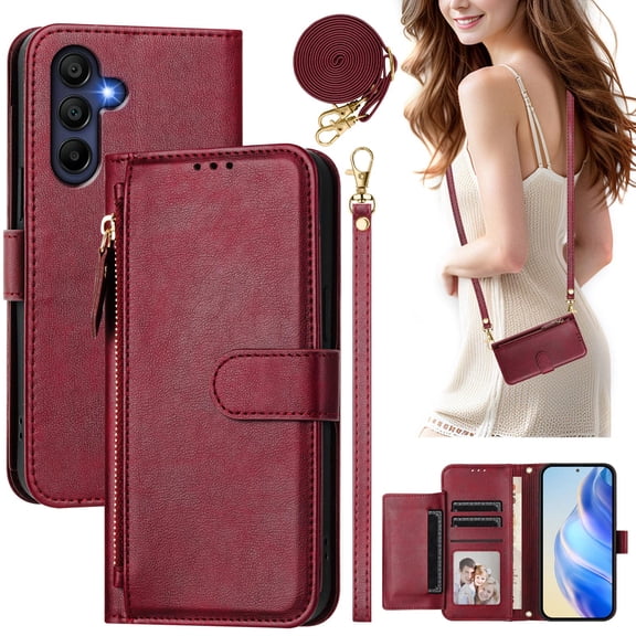 Allytechgroup Crossbody Strap Wallet Case for Samsung Galaxy A26 5G, Flip Cover with Multiple Cards Slots RFID Blocking Anti-Scratch Cash Zipper Pocket Shockproof Cover Case for Women Men, Winered