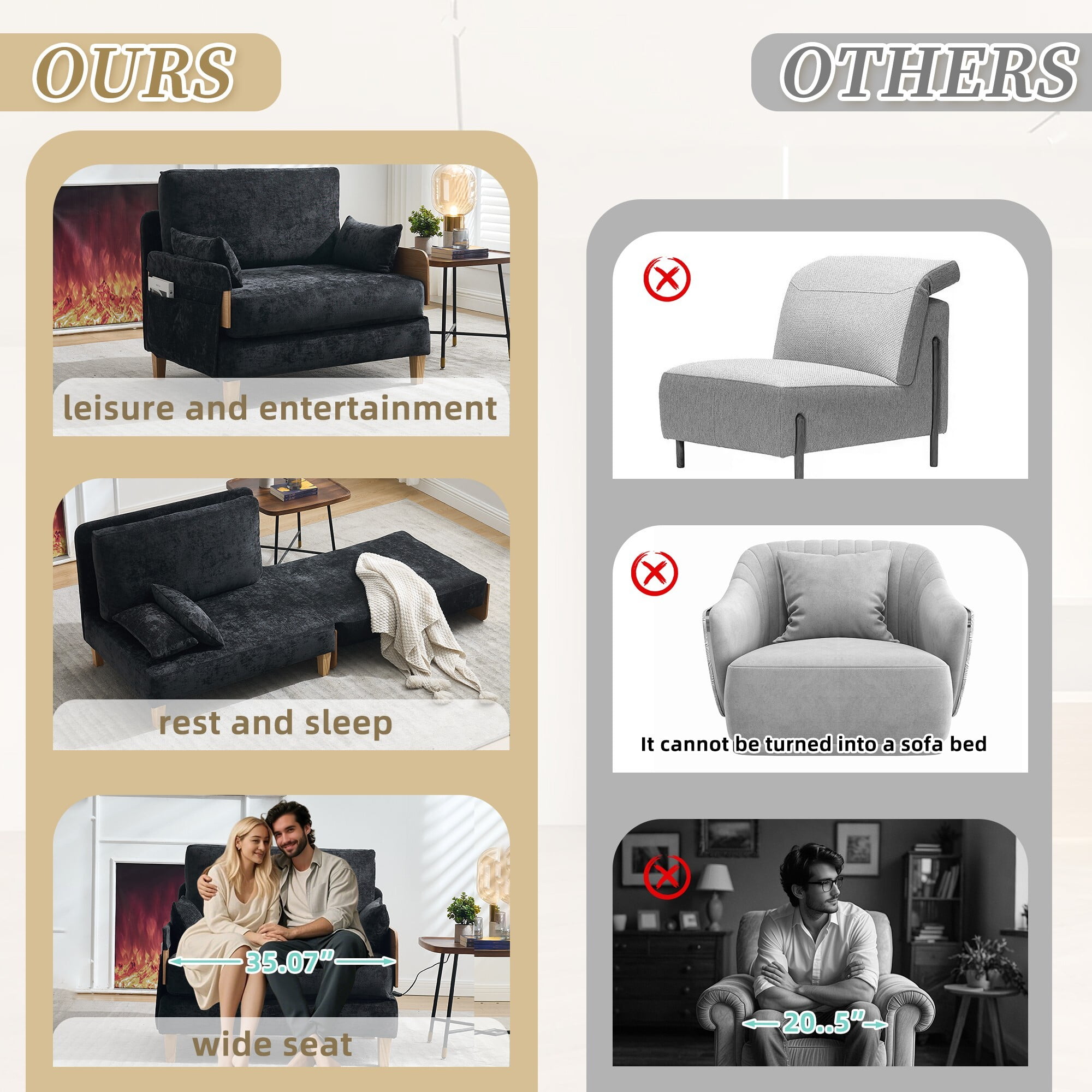 AENKYO 3-in-1 Convertible Sofa Chair, Modern Foldable Sleeper Bed for One, Suits for Living Room, Bedroom, Black