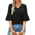 thumbnail image 3 of Ronuti Womens Blouses Ruffle Sleeve Top V Neck Shirts Casual Outfit Bell Sleeve Cute Tee Spring Summer Fashion Clothes, 3 of 10
