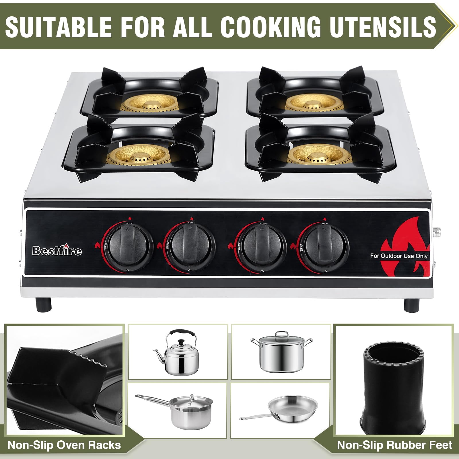 Frizi 4 Burner Propane Gas Stove 40,000 BTU Stainless Steel Cooktop with Enamel Pan Support, Electronic Ignition, Regulator & Hose Included, Portable Gas Stove for Camping, Outdoor Cooking, BBQ