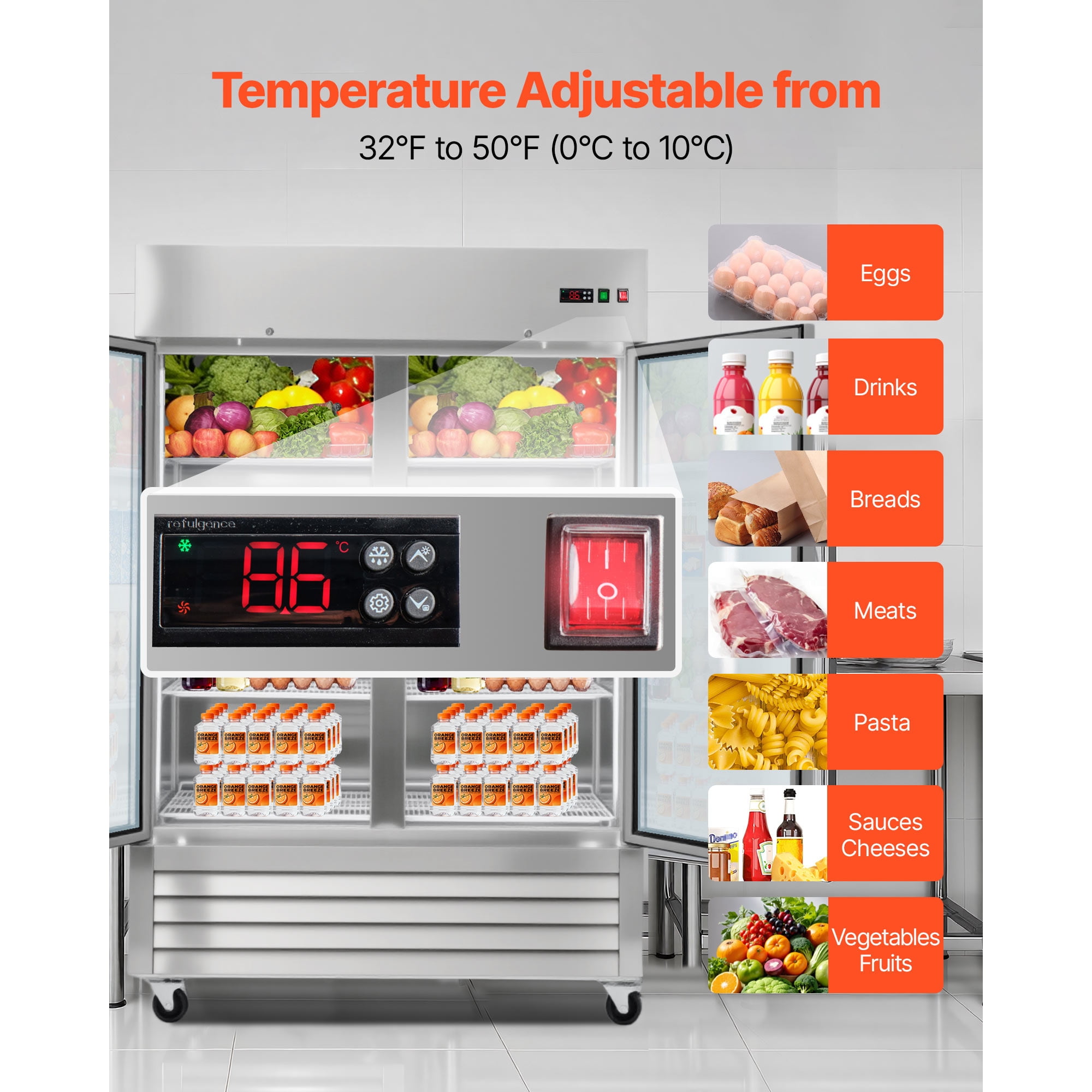 KFFKFF Commercial Stainless Steel Refrigerator 54" W, 44 Cu.Ft Upright Fridge with Double Glass Doors, Auto-Defrost, 8 Adjustable Shelves, 32-50℉ Temperature Range, ETL Certified