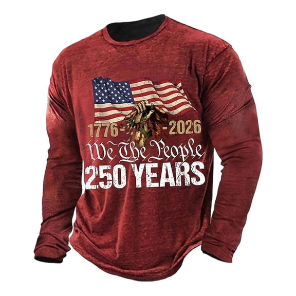 Mens Tshirts Casual 1776-2026 Flag Print Long Sleeve Comfortable Funny Graphic Crew Neck Top Men Shirts