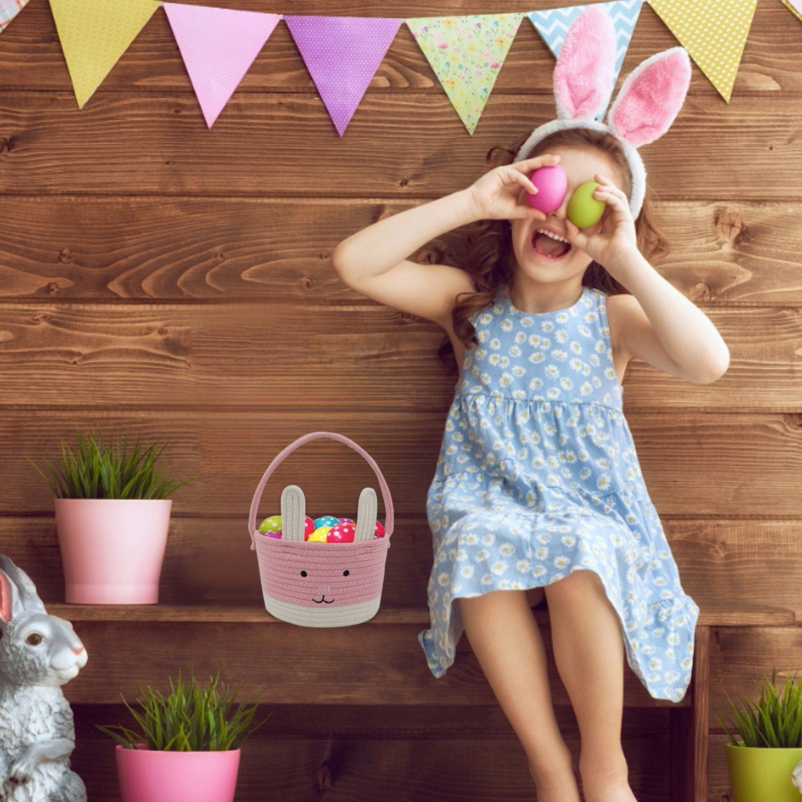 Easter Basket with Handle, Rustic Cotton Handle Bunny Storage Basket, for Easter Egg Hunts, Picnics, and Desktop Storage, Ideal for Kids and Toddlers